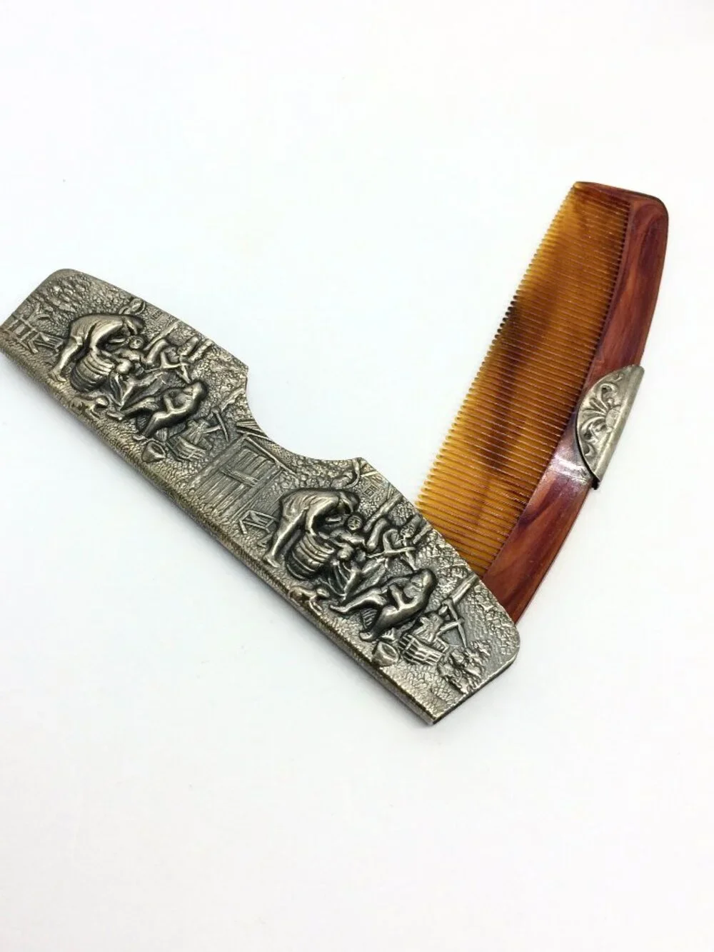 VINTAGE HANS JENSEN Vanity Mirror Comb Set Denmark Silverplate Repousse 1940s